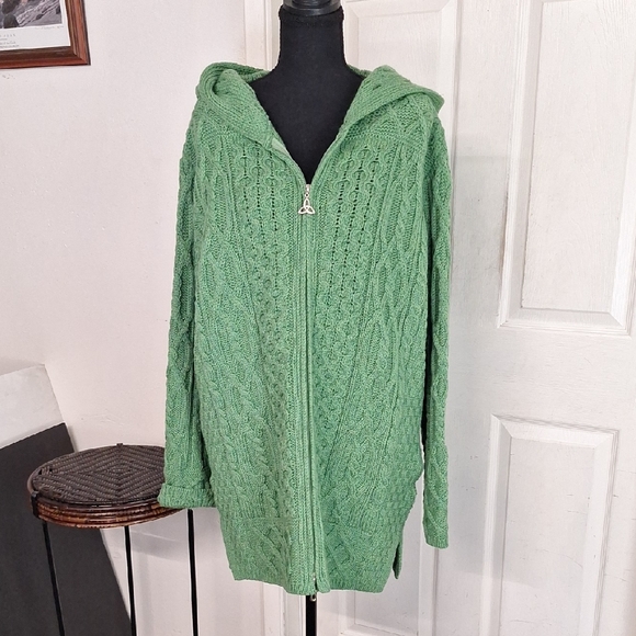 Aran Crafts Sweaters - Aran Crafts Zip Cardigan Sweater Womens L Hooded Merino Wool Ireland Cable Knit